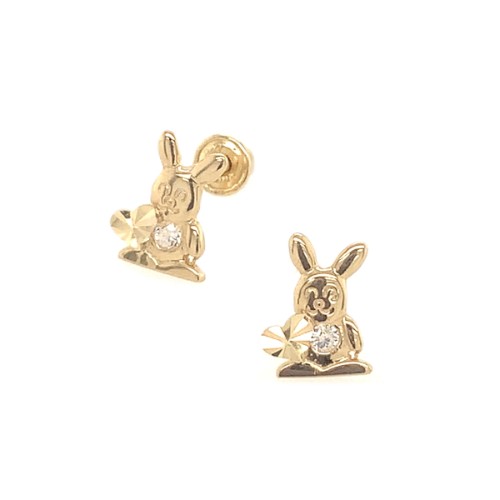 14K Gold Bunny Holding Heart Earrings with Screw Backs - The Jewelry Vine