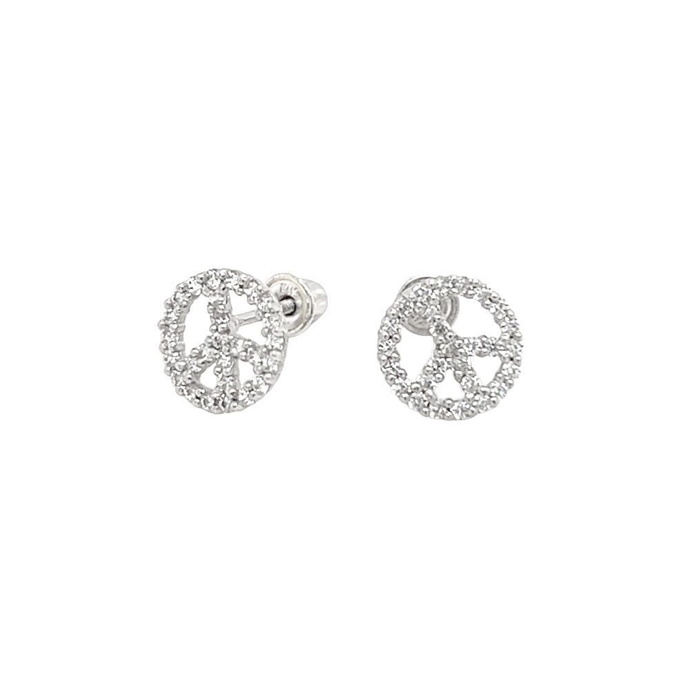 Peace Sign Screw Back Earrings for Girls in 14kt White Gold | Jewelry Vine
