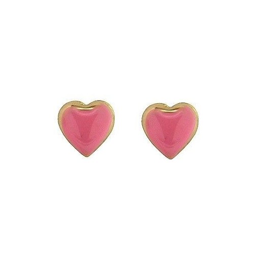 18K Gold Pink Enamel Heart Earrings with Push-On Backs