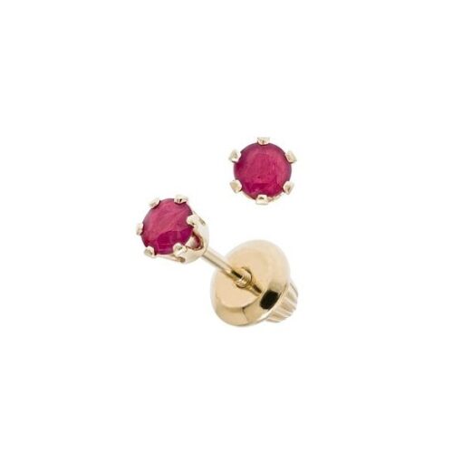 14K Yellow Gold Red Ruby Flower Diamond Huggies Earrings for Baby and Children