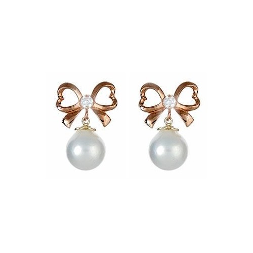 14K Rose Gold Open Bow and Dangle Pearl Screw Back Earrings for Girls in 14K | Jewelry Vine