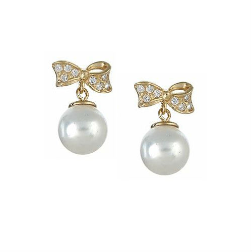Precious Dangle CZ Bow and Pearl Earrings for Girls in 14K Gold with ...