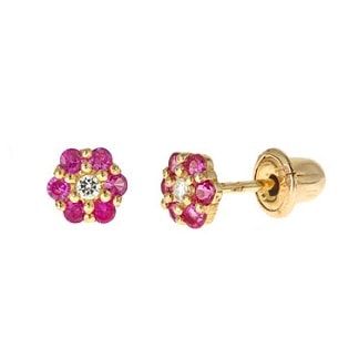 Baby Flower Stud Earrings With Ruby CZ and Screw Backs In 14k Gold 