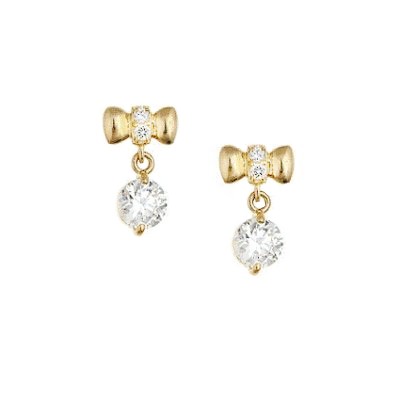 Girls Child Cute Bow 14K Gold Filled Crystal Square Drop small Stud earrings 