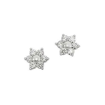 14K White Gold Flower Baby Earrings and Toddler Earrings with Gold ...