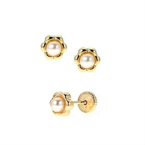 18K Gold Floral Border Pearl Screw Back Earrings for Babies, Toddler, and Young Girls | Jewelry Vine