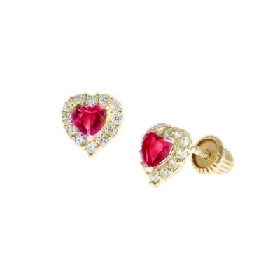 Mini Halo Heart Stud Baby Earrings with Ruby Color CZ Heart - 14K with ...