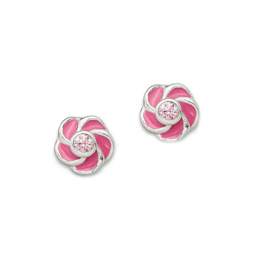 Sterling Silver Pink and White Enamel Flower Children's Earrings 