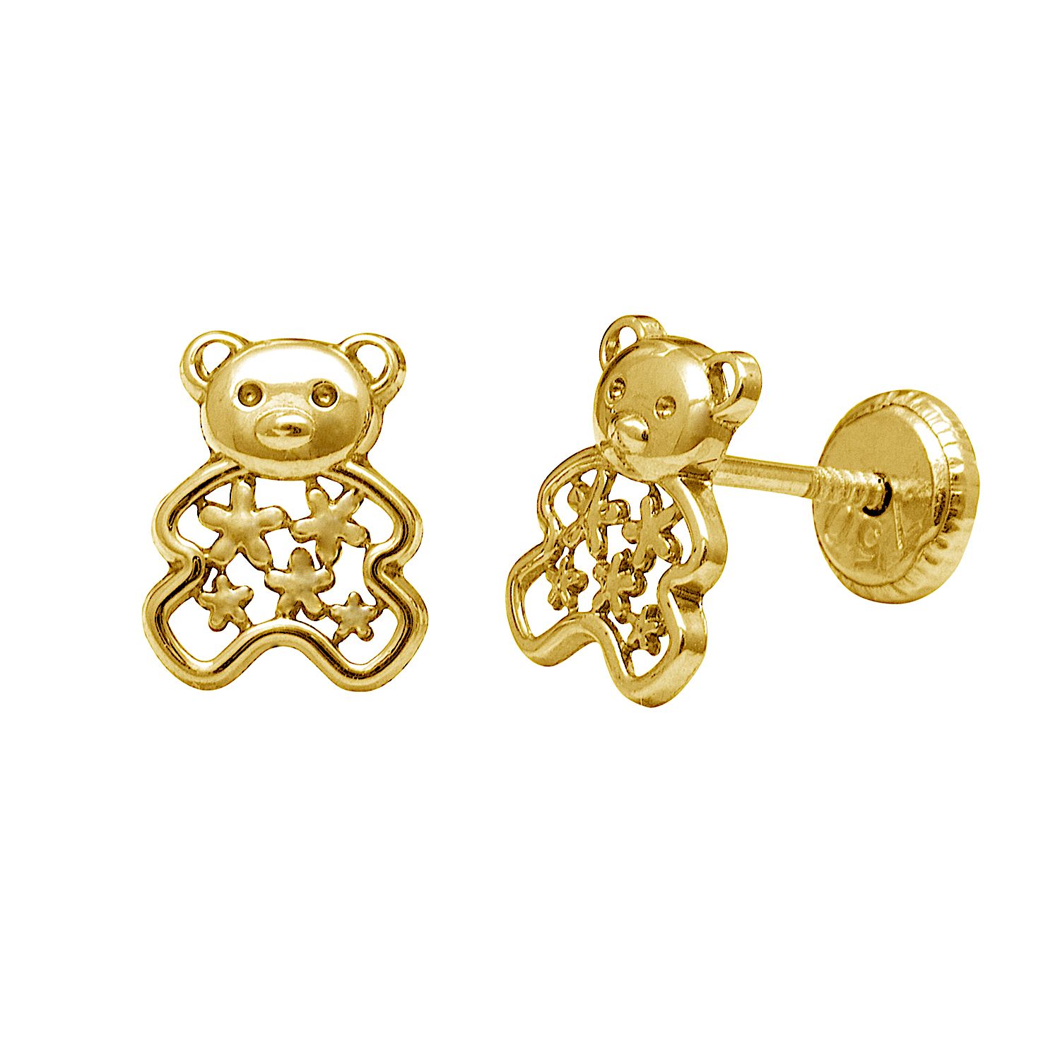 18K Yellow Gold Red Enamel Teddy Bear Earrings 7mm X 4mm 