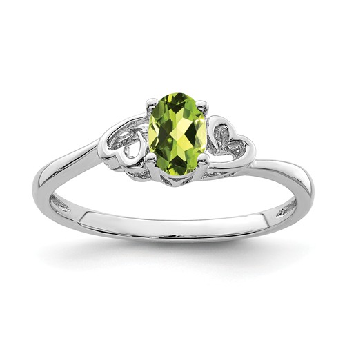 Sterling Silver Peridot Ring with Side Hearts - Size 5, 6, or 7