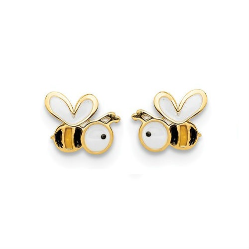 14k Solid Gold Bee Shaped Push Backs Stud Earrings for Babies Infants Toddlers 