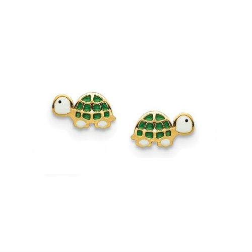 Cute Turtle Earrings - 14K Gold & Green Enamel