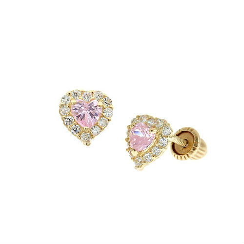 Mini Halo Heart Stud Baby Earrings with Pink Color CZ Heart - 14K with ...