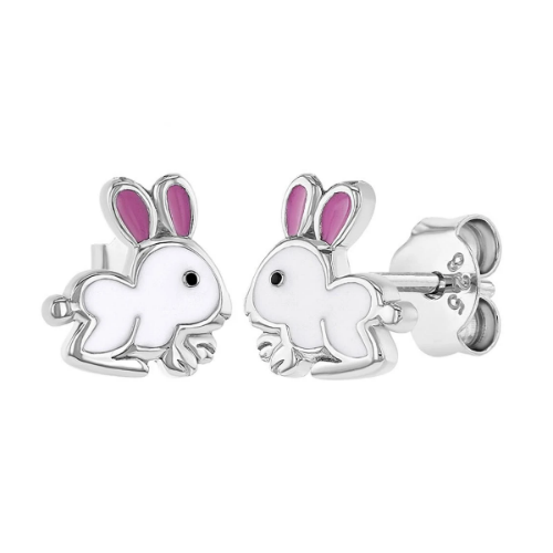 Sterling Silver Pink & White Bunny Rabbit Earrings for Girls
