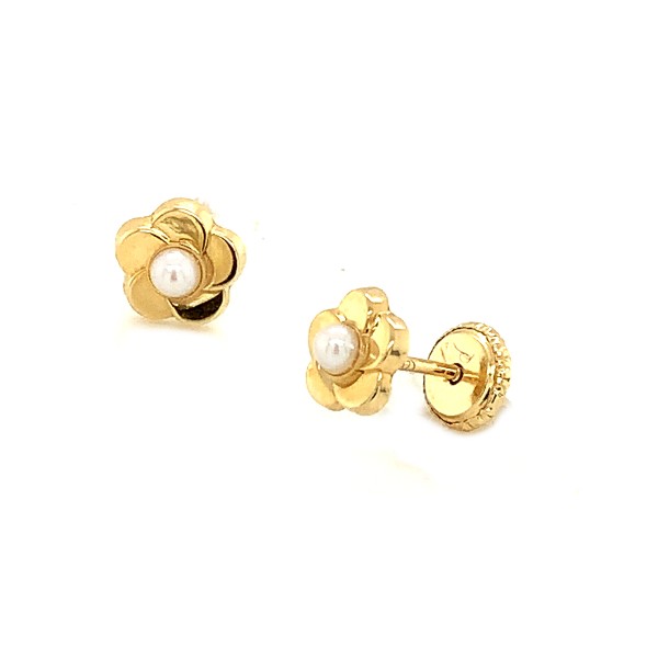 Pearl and CZ Flower Baby and Toddler Earrings in 18K Gold with Safety Screw  Backs - The Jewelry Vine