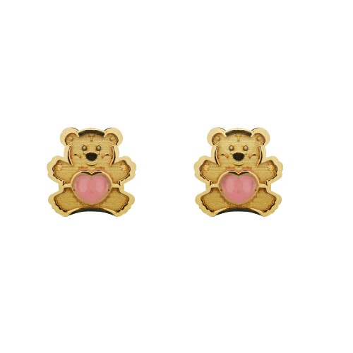 Gold Pink Heart Teddy Bear Stud Earrings | The Jewelry Vine