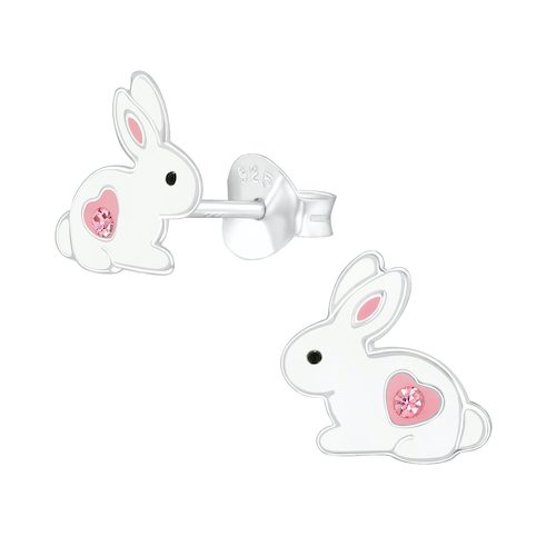 Sterling Silver & Enamel Pink Heart Bunny Rabbit Stud Earrings