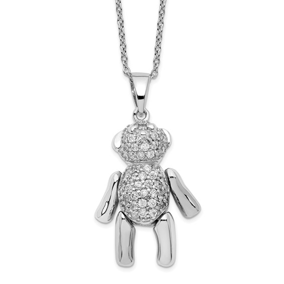 Cute Sterling Silver Teddy Bear Necklace w/ Zirconia Stones