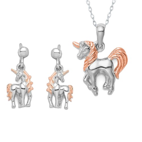 Fancy Unicorn Jewelry Set - Sterling Silver Unicorn Necklace and Dangle Earrings | Jewelry Vine