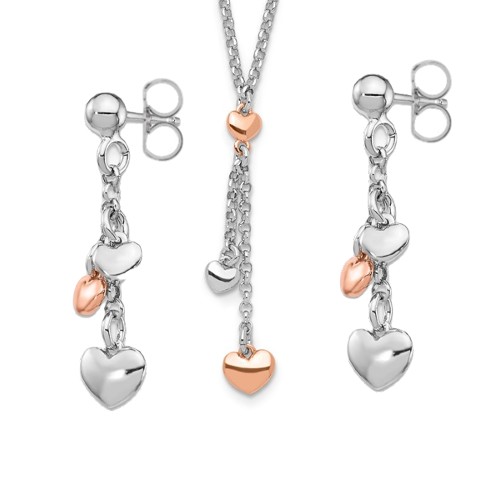 Italian Made Sterling Silver Rose Gold-Plated Heart Dangle Earrings and Necklace Jewelry Set for Older Girls and Teens | Jewelry Vine