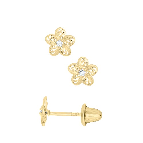 Filigree Flower Earrings with Center CZ in 14K Gold and Premium Screw ...